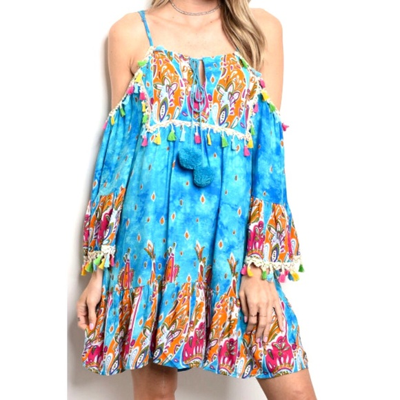 Chase Away The Blues- Boho Cold Shoulder Dress - Picture 2 of 8